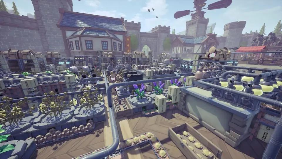 Alchemy Factory medieval factory layout with pipes and automation machinery
