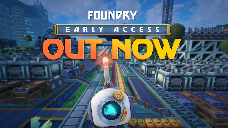 Foundry voxel factory with conveyor belts and machines on alien planet