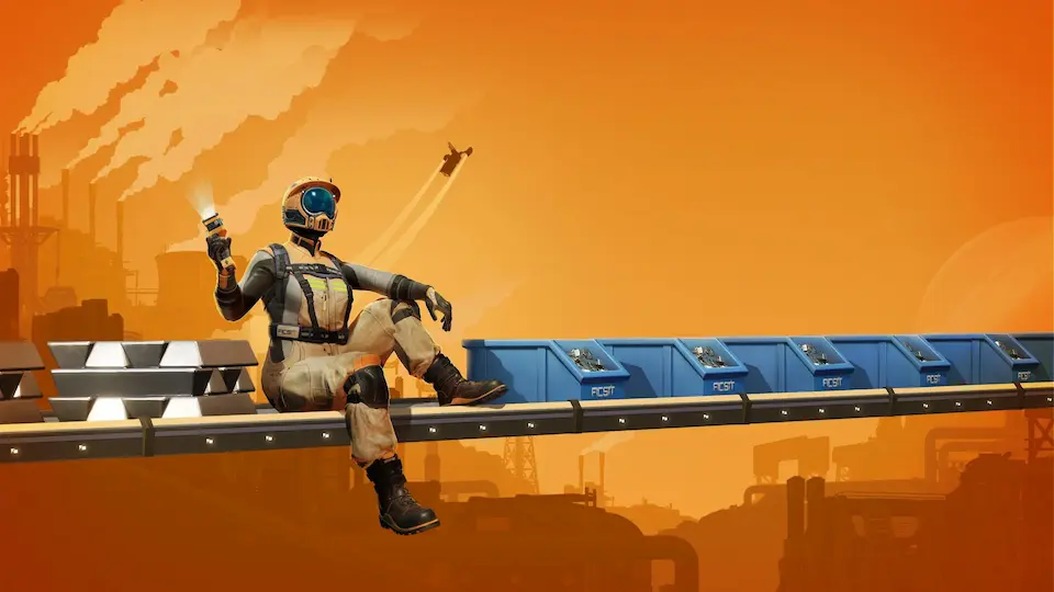 FICSIT engineer sitting on conveyor belt overlooking industrial factory - Satisfactory 1.0 promotional art