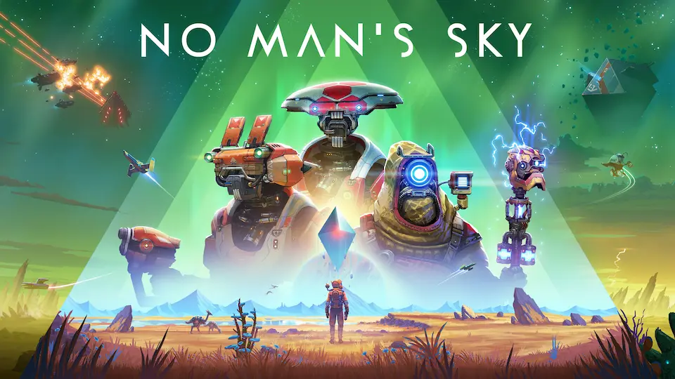 No Man's Sky planetary exploration -- alien landscape with character in foreground