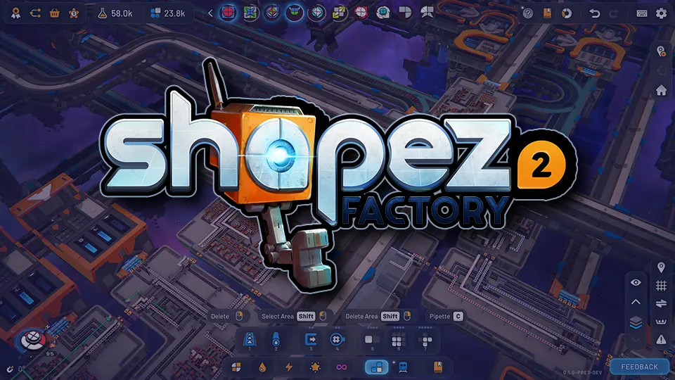 shapez 2 factory builder -- official logo with space factory background